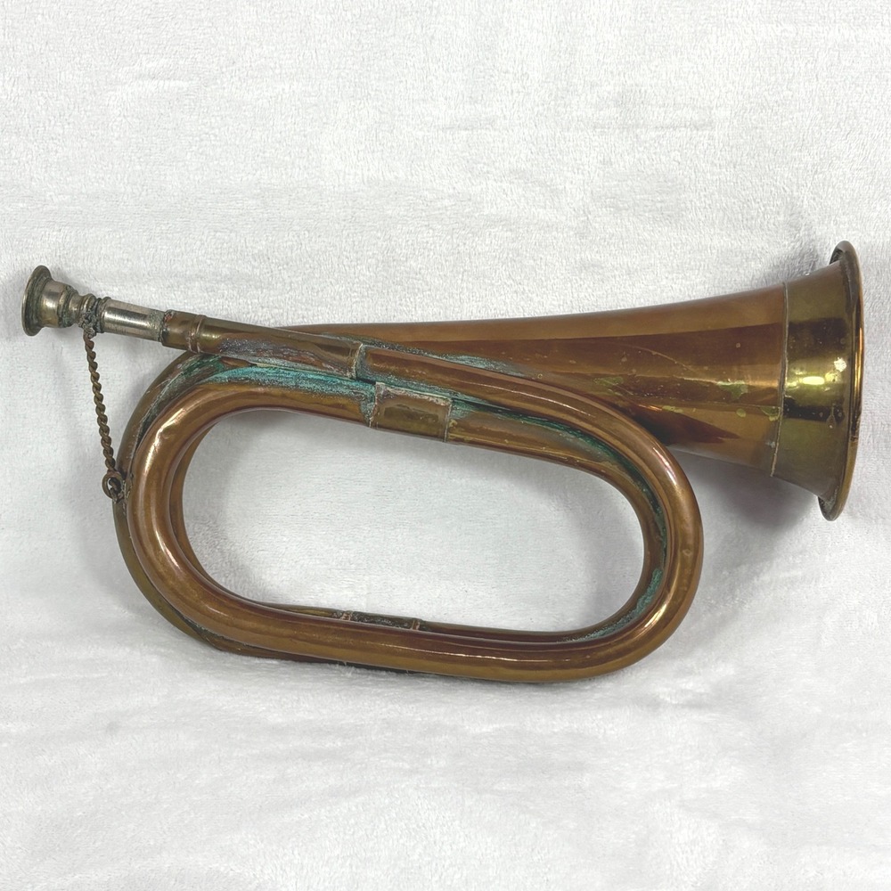 Vtg Copper & Brass Military Style Bugle Chained Mouthpiece Signal Horn 11" Decor
